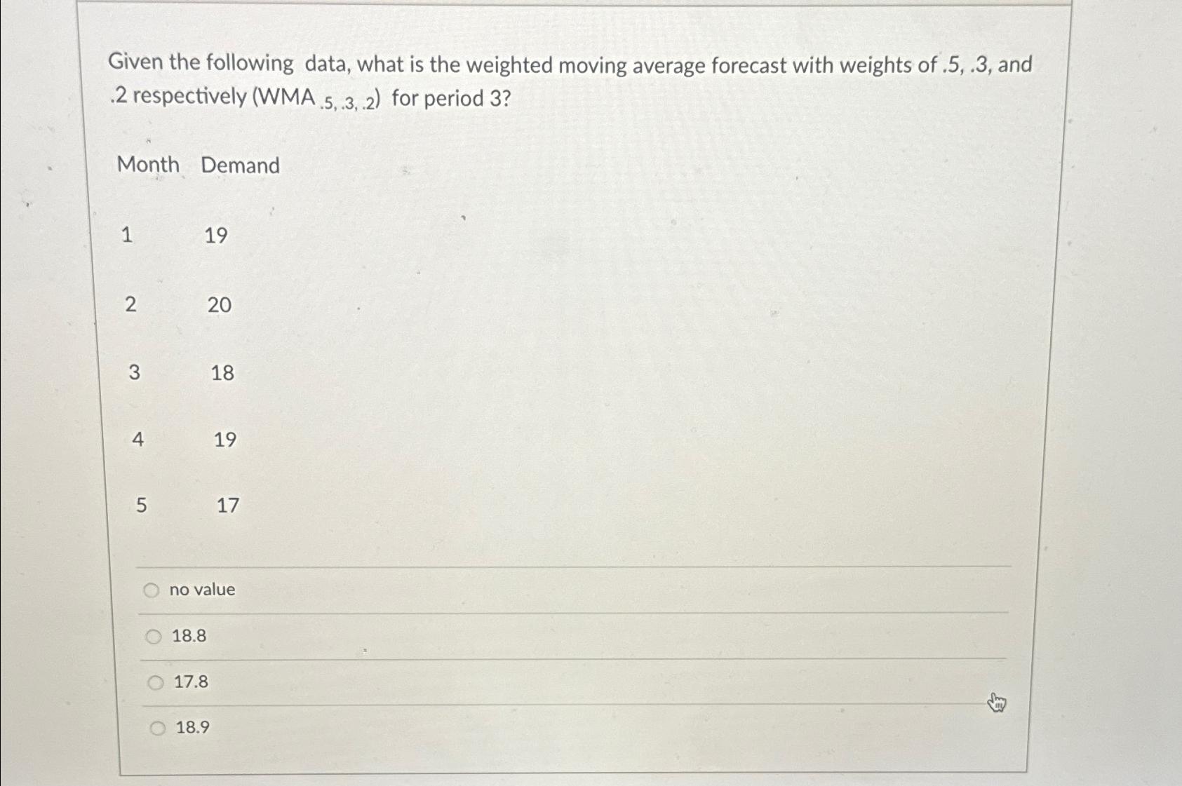  Given the following data, what is the weighted moving average forecast