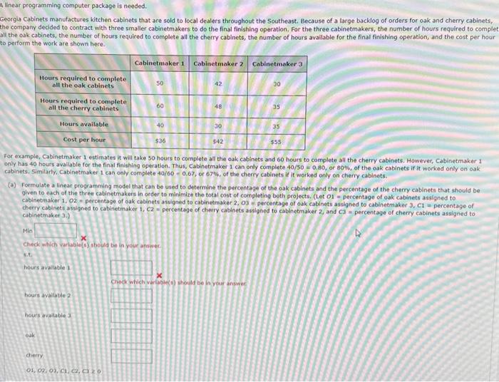  linear programming computer package is needed. Seorgla Cabinets manufactures kitchen cabinets