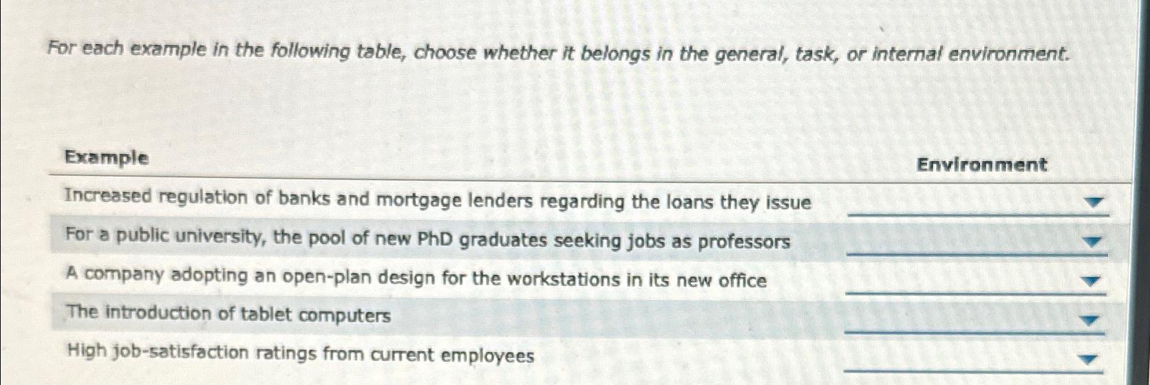  For each example in the following table, choose whether it belongs