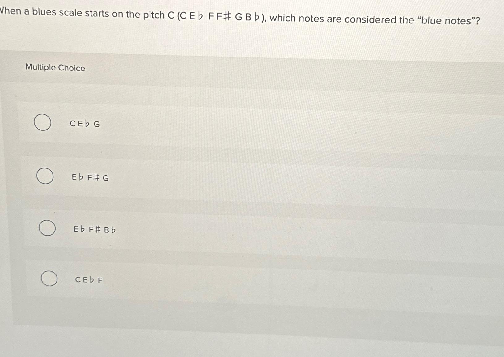  When a blues scale starts on the pitch C (CE b