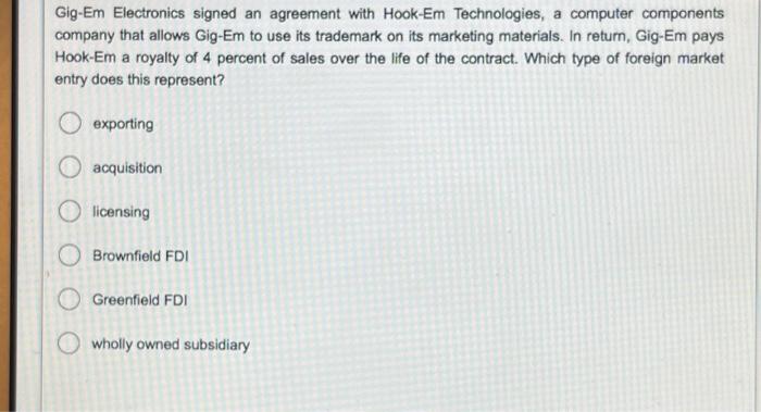  Gig-Em Electronics signed an agreement with Hook-Em Technologies, a computer components