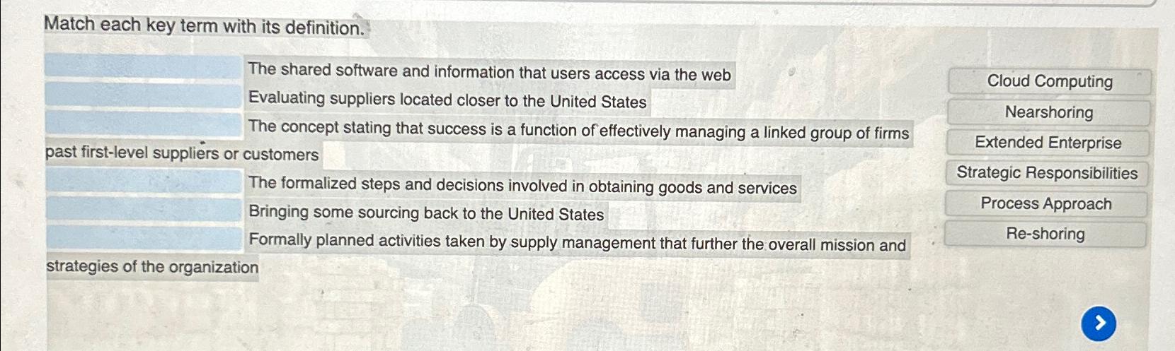  Match each key term with its definition. The shared software and