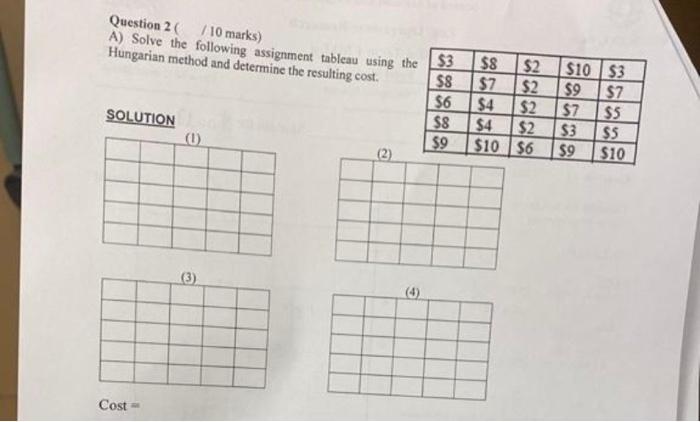  Question 2 ( /10 marks) A) Solve the following assignment tableau