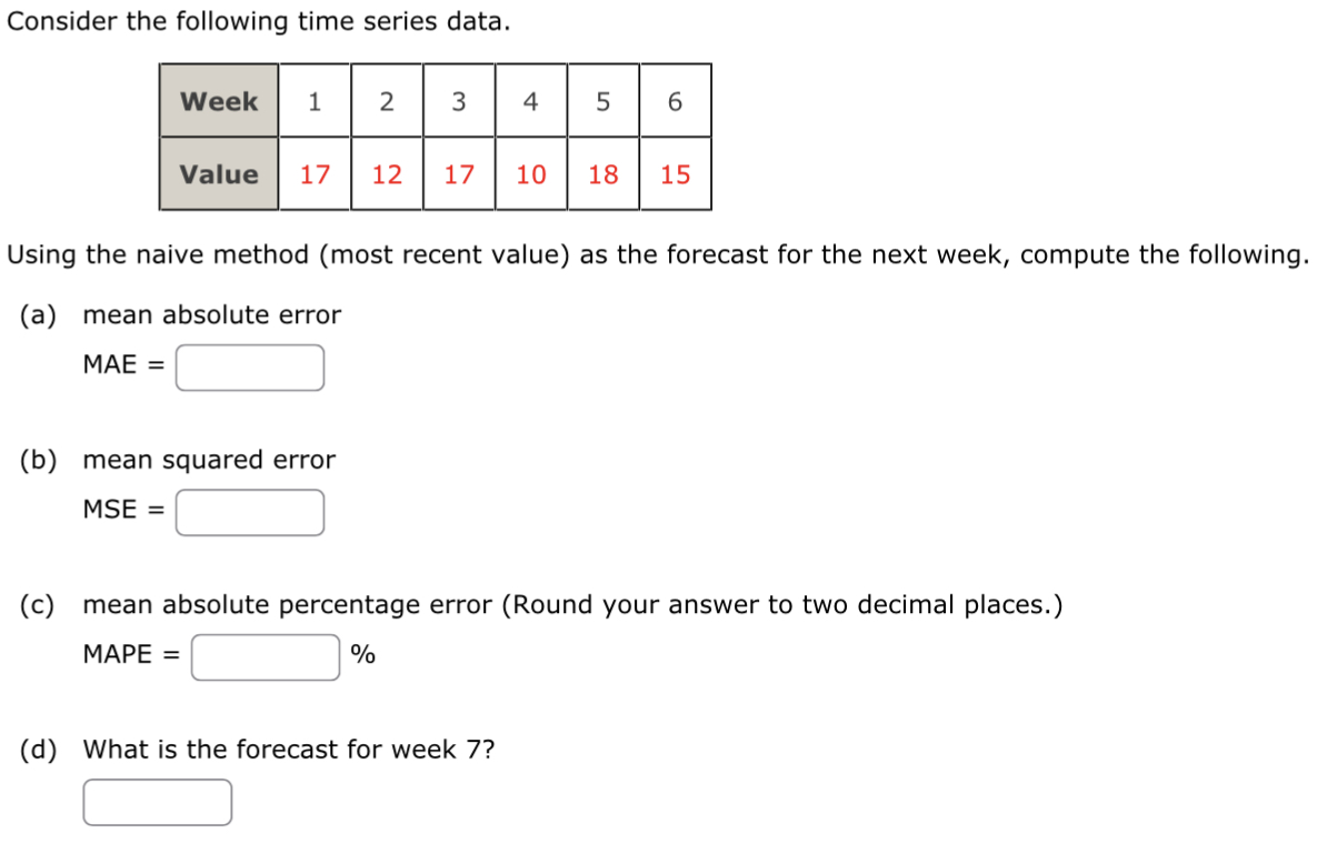  Consider the following time series data. Using the naive method (most