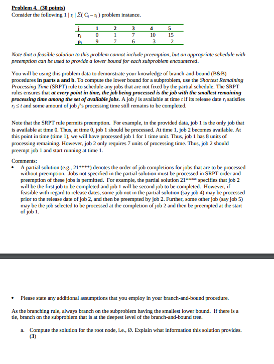  Problem 4. ( 30 points) Consider the following 1rj(Cjrj) problem instance.