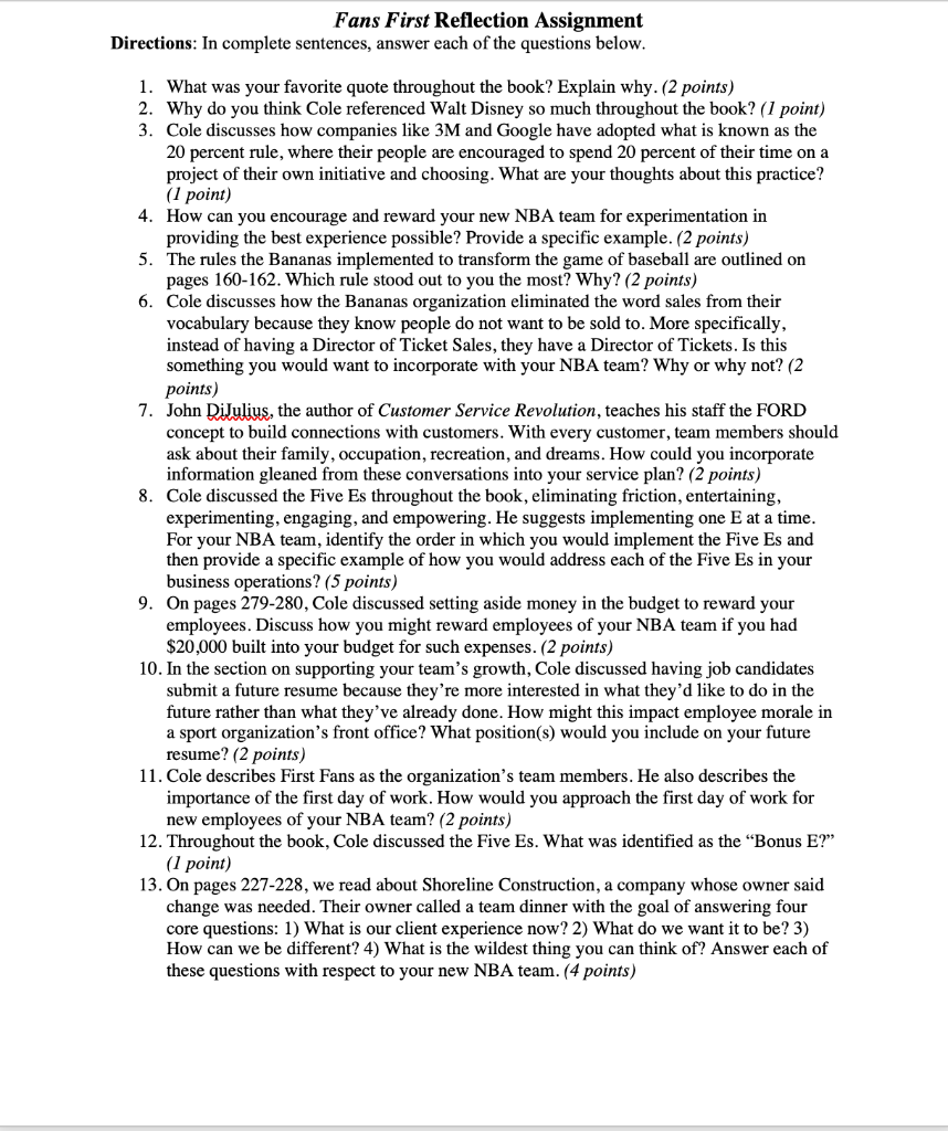 Fans First Reflection Assignment Directions: In complete sentences, answer each of