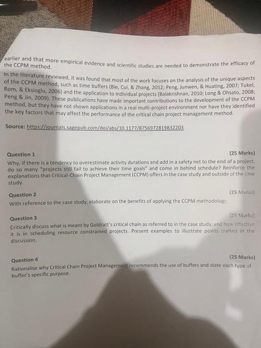 answer AlL the questions that follow. Case Study: Critical Chain Project Management