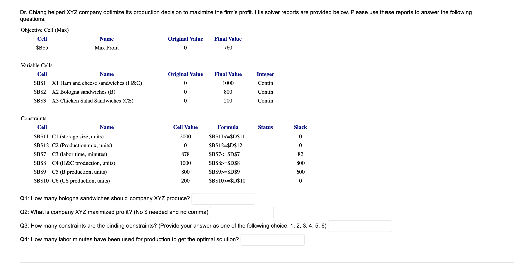  use excel solver and provide a graph Dr. Chiang helped XYZ