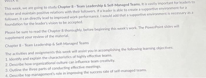  This week, we are going to study Chapter 8 - Team