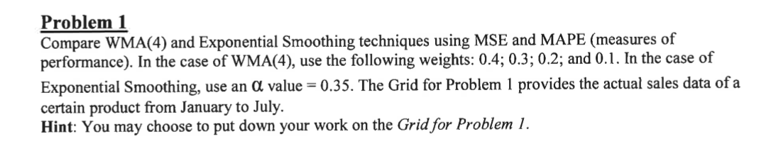  Problem 1 Compare WMA(4) and Exponential Smoothing techniques using MSE and