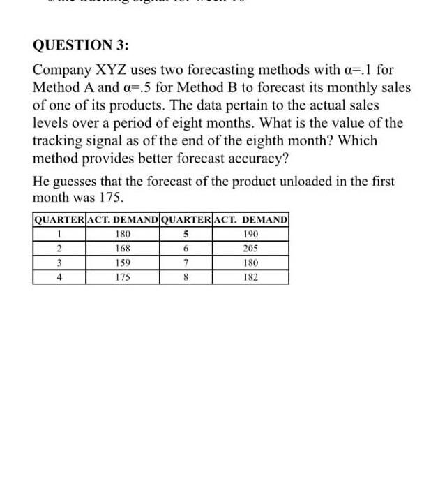 QUESTION 3: Company XYZ uses two forecasting methods with =.1 for