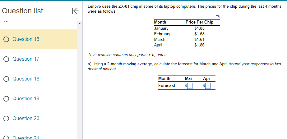  Question list Question 16 Question 17 Question 18 Question 19 Question