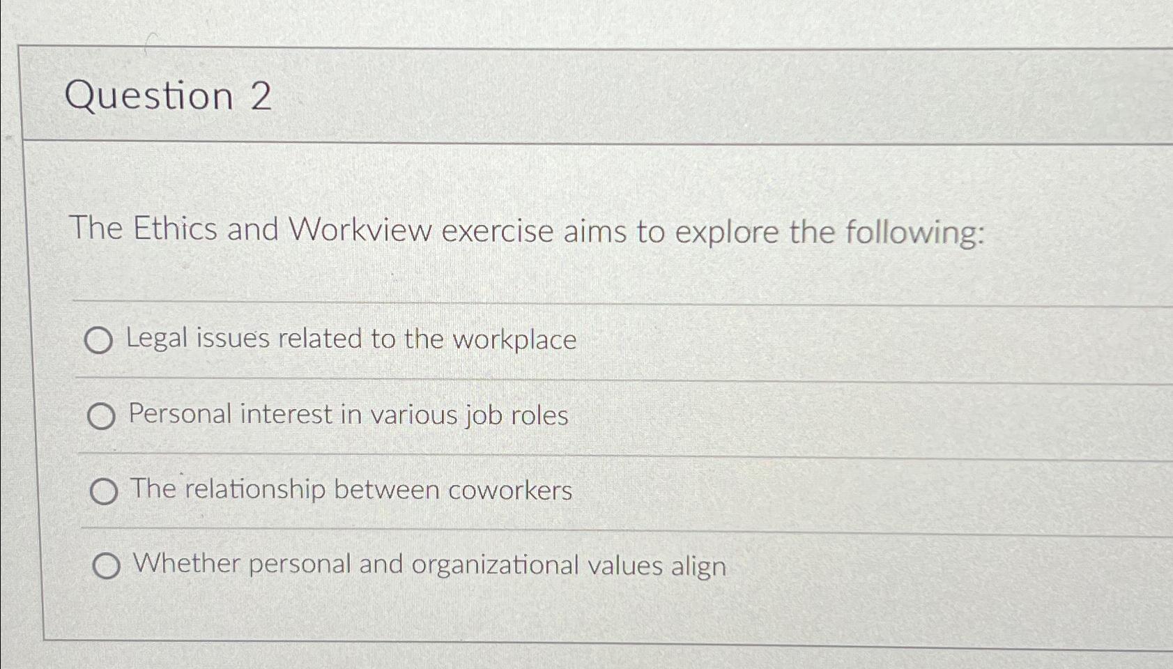  Question 2 The Ethics and Workview exercise aims to explore the