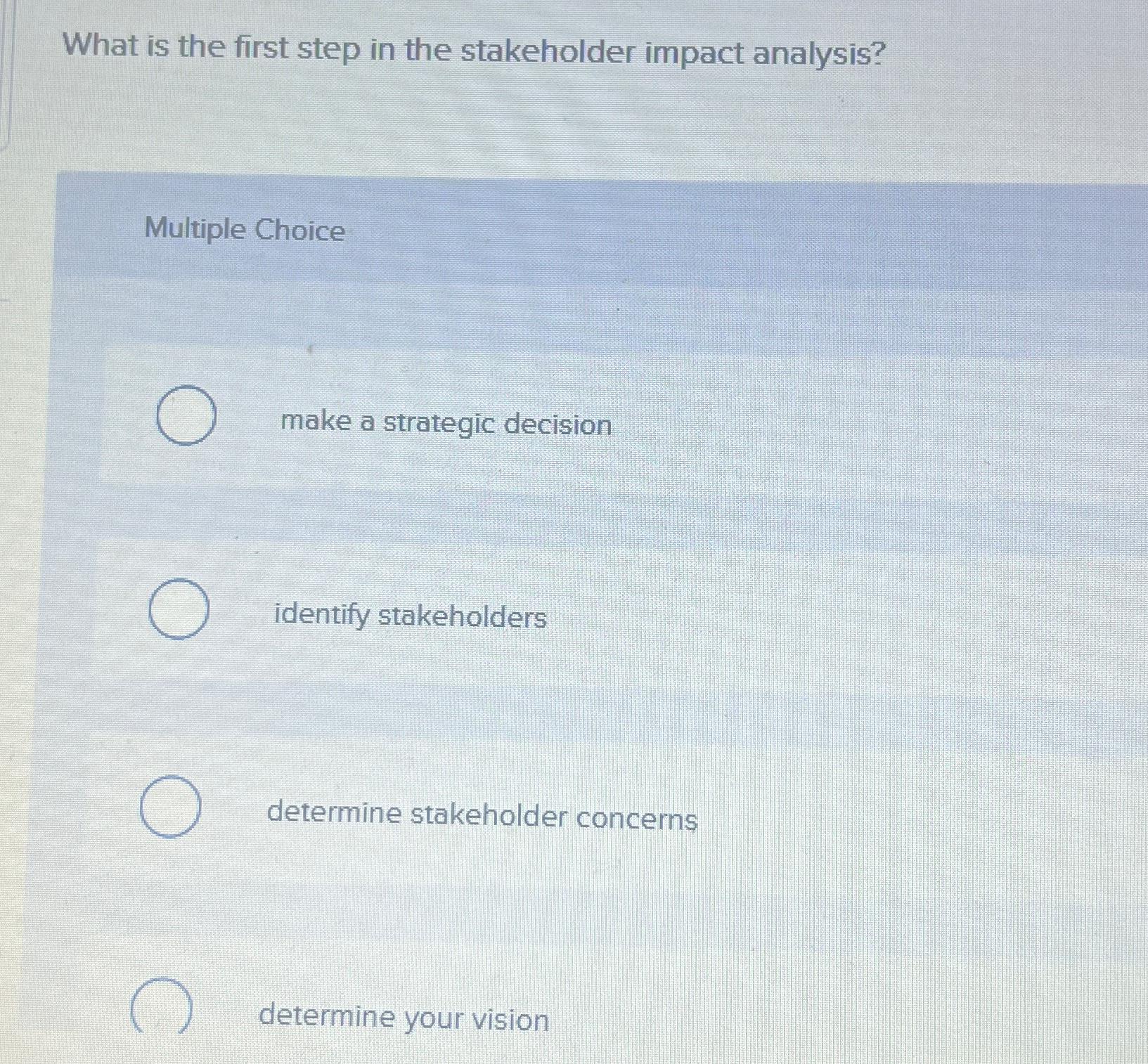  What is the first step in the stakeholder impact analysis? Multiple
