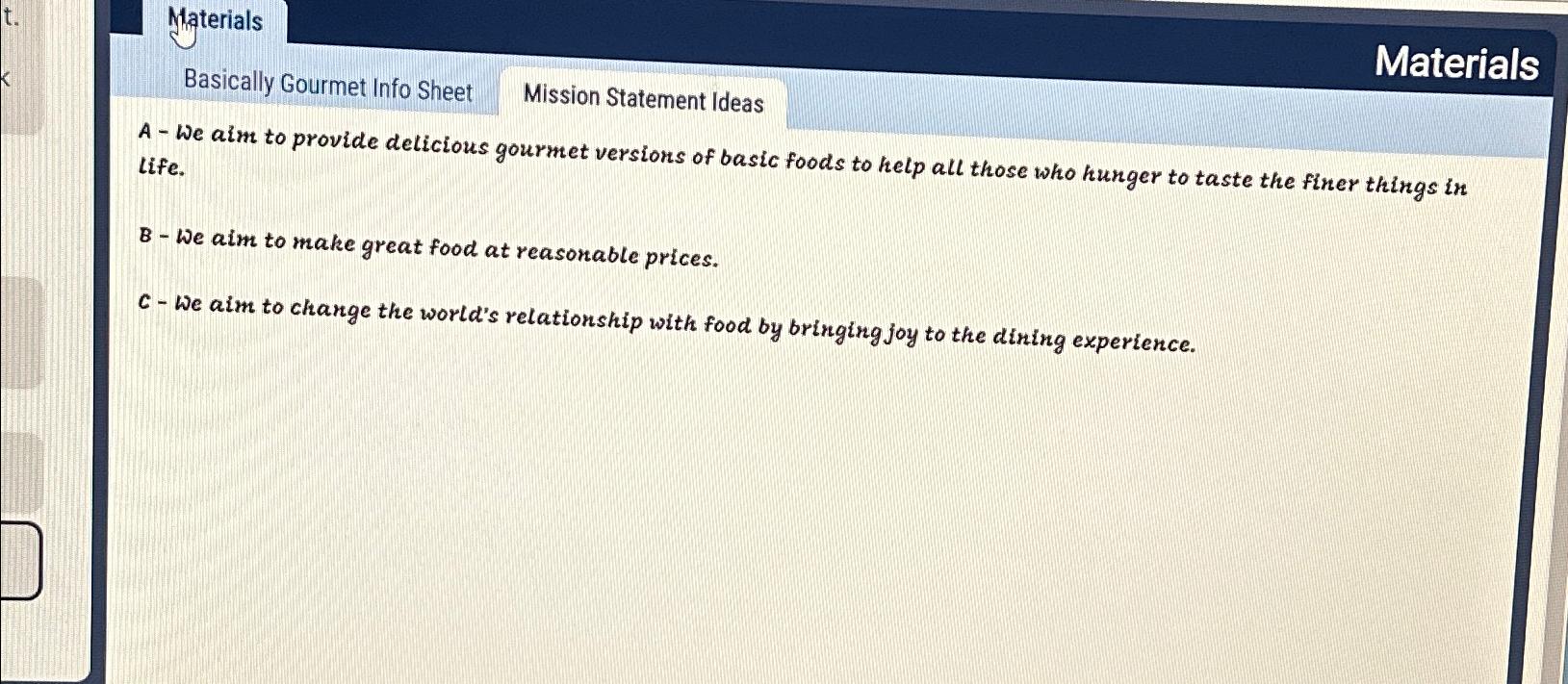  Materials Basically Gourmet Info Sheet Materials A - We aim to