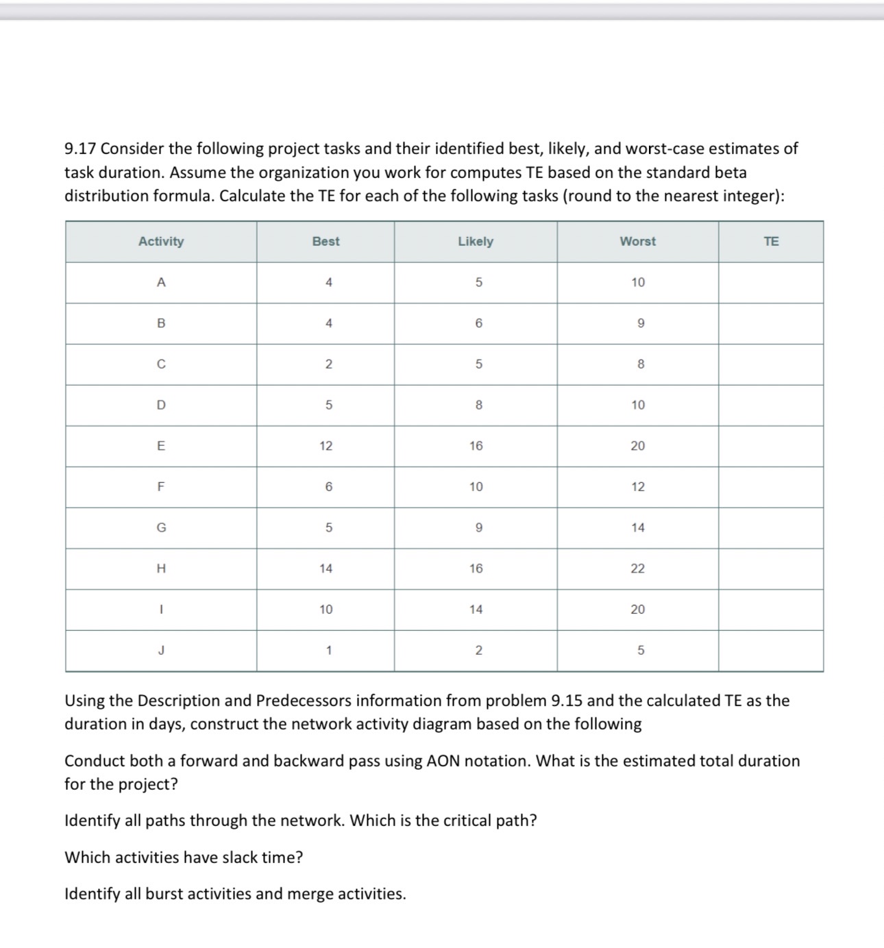  9.17 Consider the following project tasks and their identified best, likely,