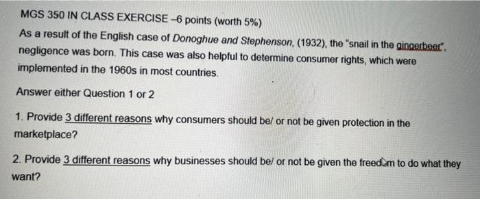  MGS 350 IN CLASS EXERCISE -6 points (worth 5% ) As