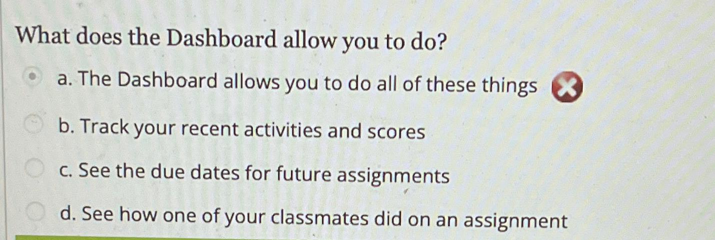  What does the Dashboard allow you to do? a. The Dashboard