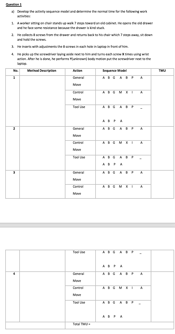 Question 1 a) Develop the activity sequence model and determine the