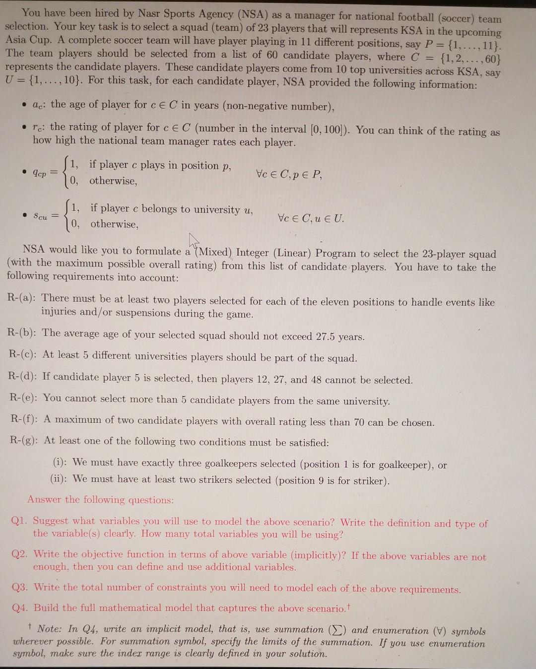 selection. Your key task is to select a squad (team) of