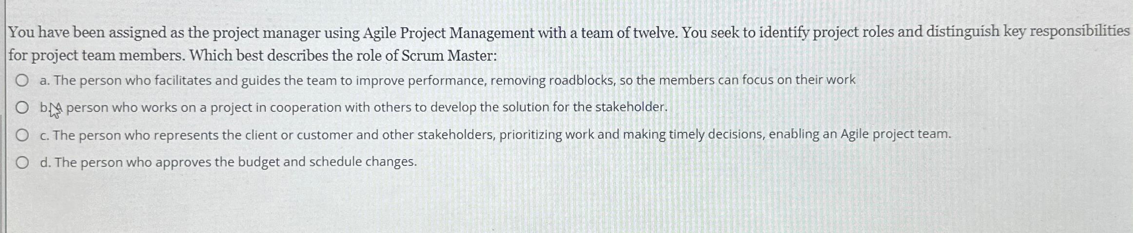  You have been assigned as the project manager using Agile Project