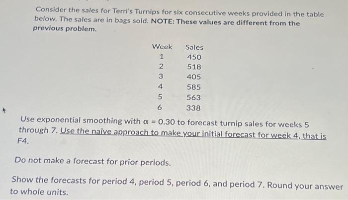  Consider the sales for Terri's Turnips for six consecutive weeks provided