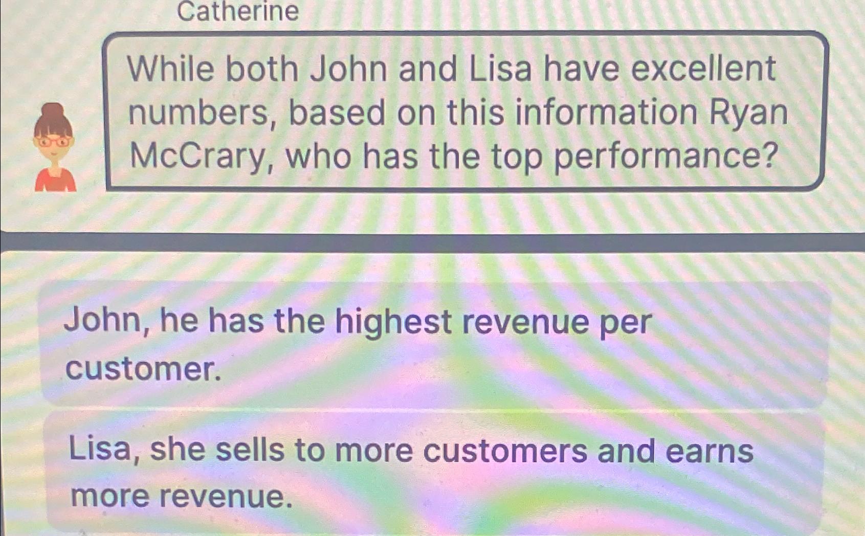  Catherine While both John and Lisa have excellent numbers, based on