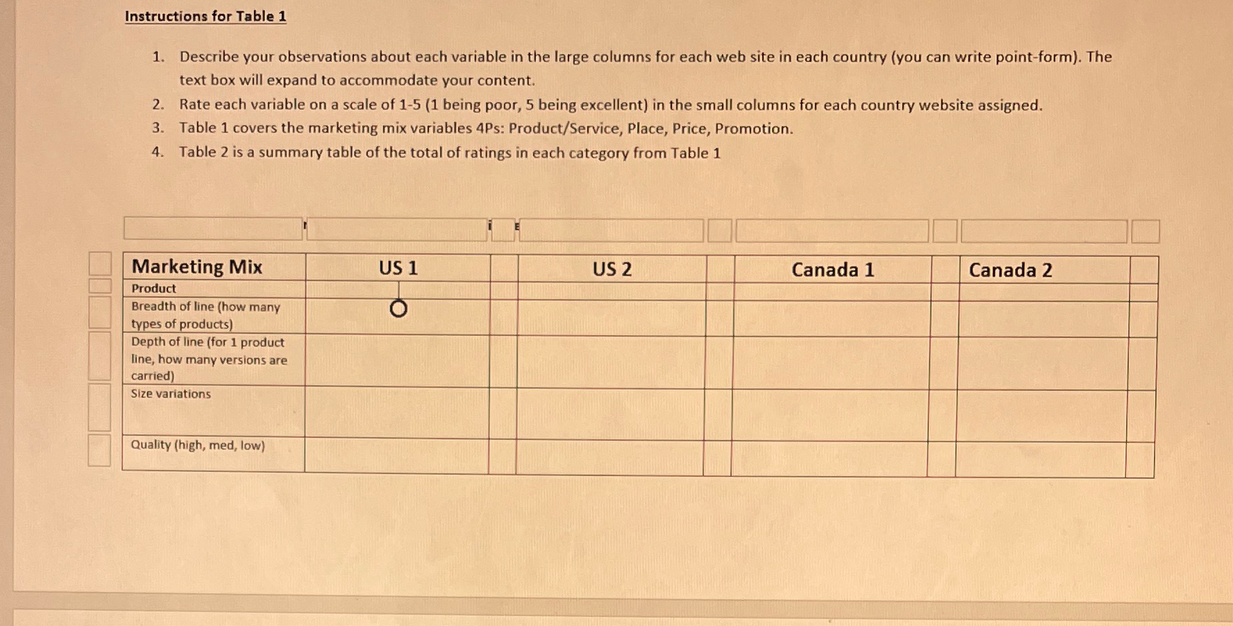  Instructions for Table 1 Describe your observations about each variable in