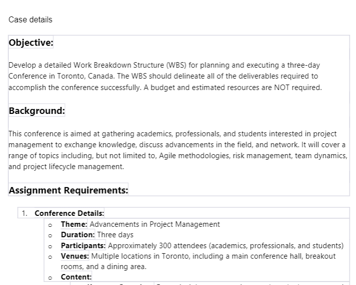 Case details Objective: Develop a detailed Work Breakdown Structure (WBS) for