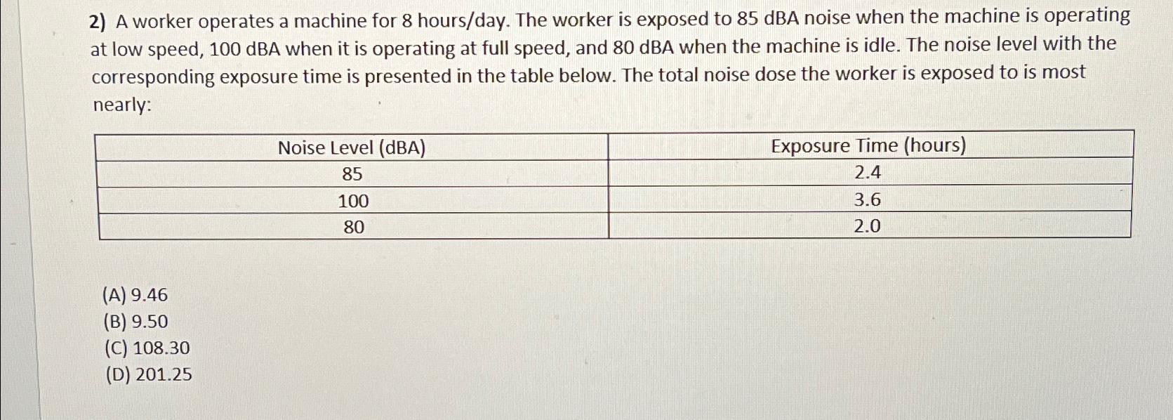  A worker operates a machine for 8 hours/day. The worker is