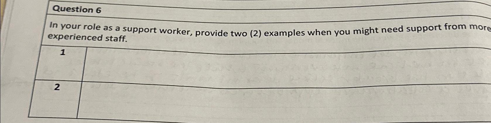  Question 6 In your role as a support worker, provide two