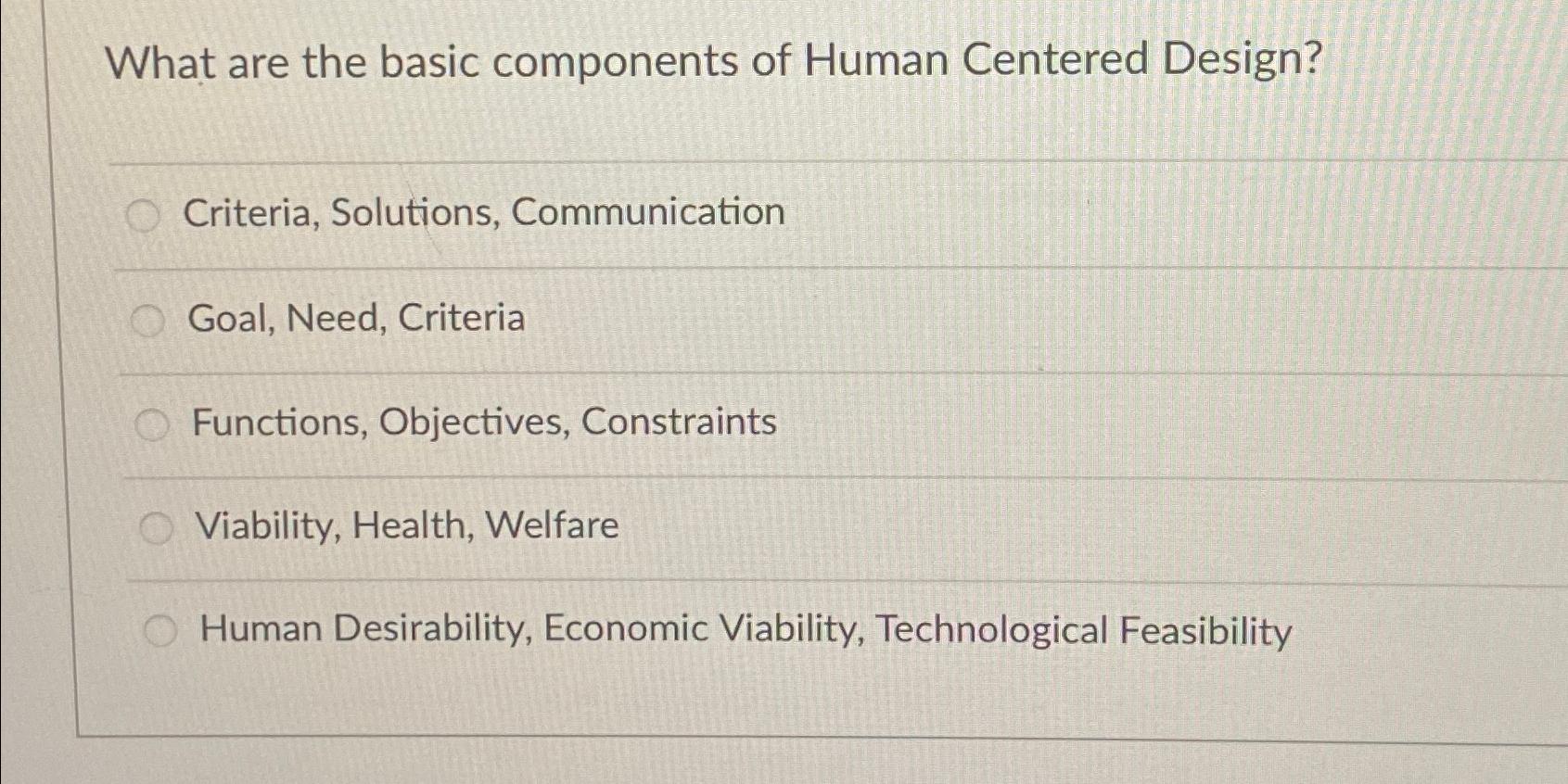  What are the basic components of Human Centered Design? Criteria, Solutions,