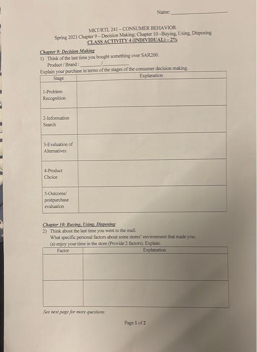  MKTRTL 241 - CONSLMER BEHAVIOR Spring 2023 Chapter 9 -Decision Making;