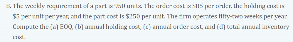 SHOW ALL CALCULATIONS. EXCEL IS A PLUS!! 8. The weekly requirement