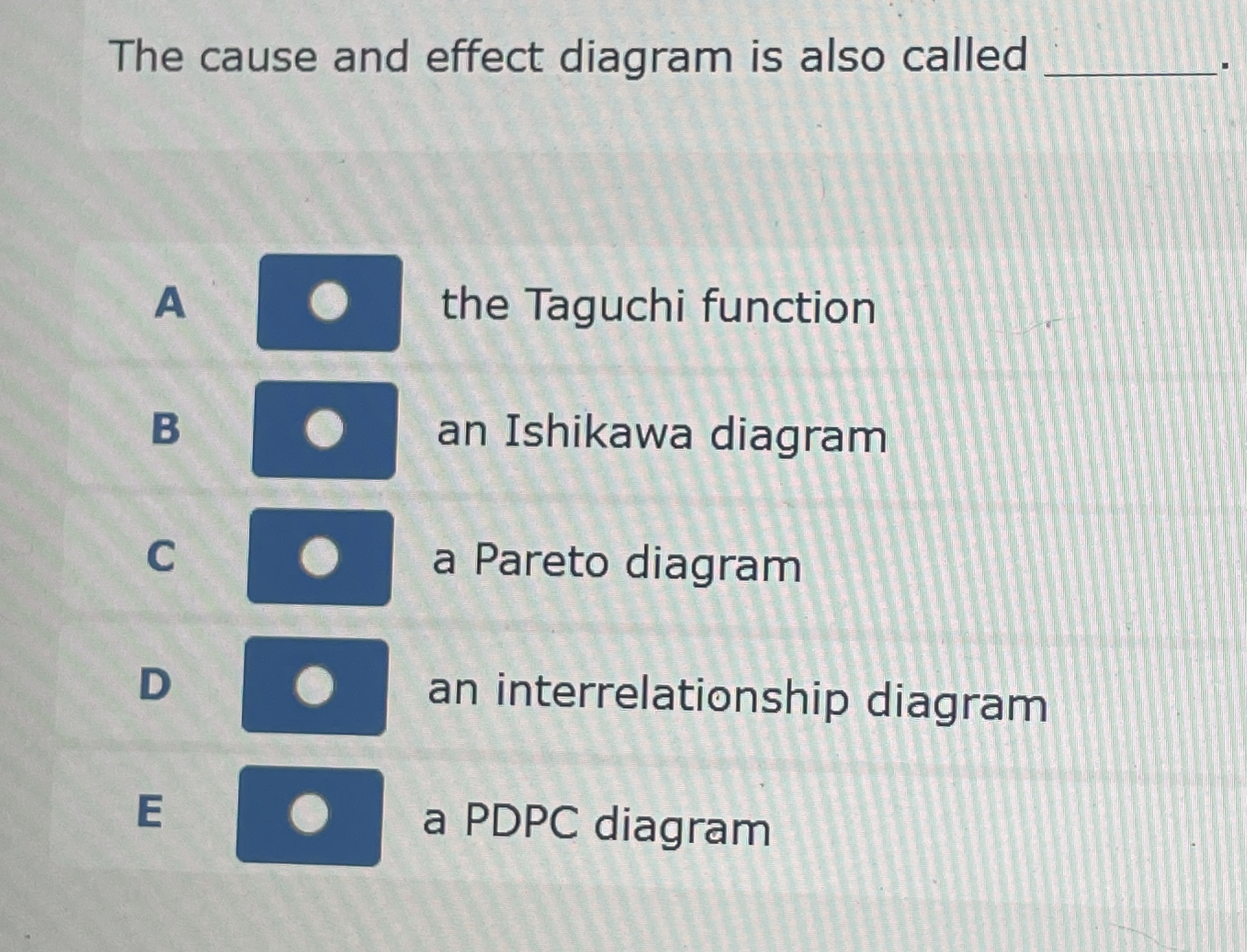  The cause and effect diagram is also called A the Taguchi