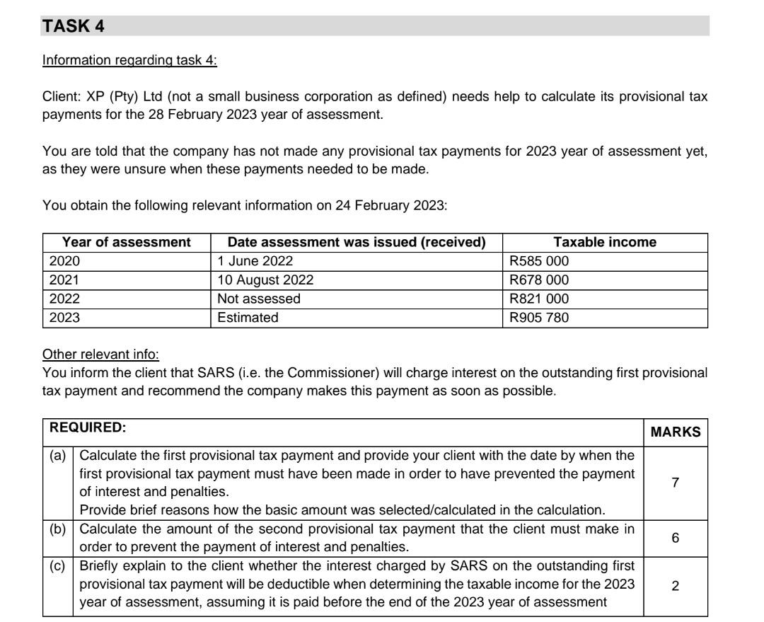  Information regarding task 4: Client: XP (Pty) Ltd (not a small