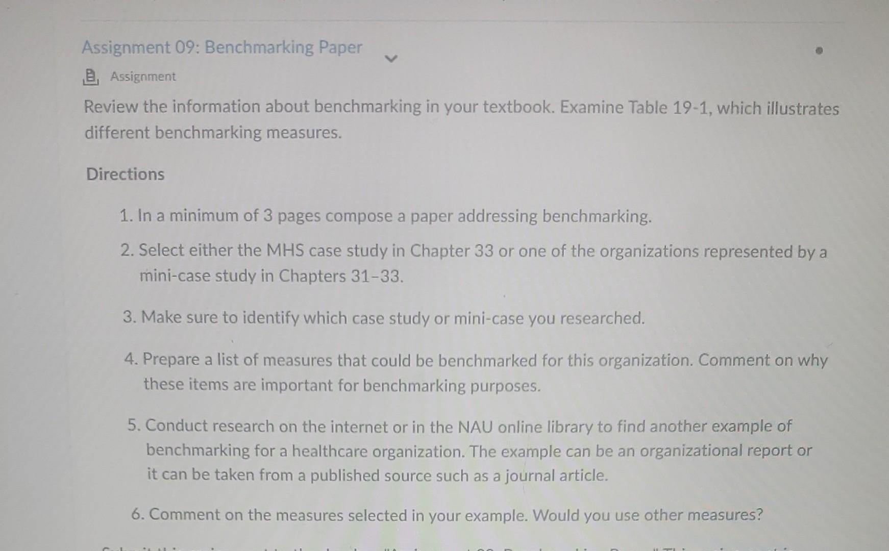 Assignment 09: Benchmarking Paper Assignment Review the information about benchmarking in