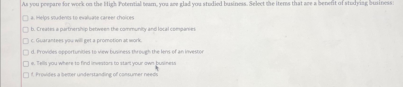  As you prepare for work on the High Potential team, you