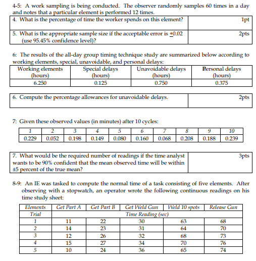  4-5: A work sampling is being conducted. The observer randomly samples