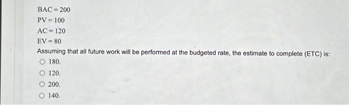  BAC = 200 PV = 100 AC = 120 EV =