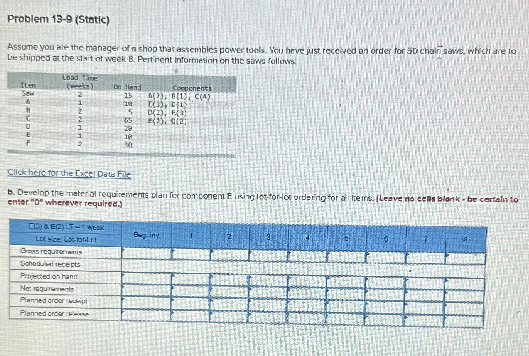  Problem 13-9(Static) Assume you are the manager of a shop that