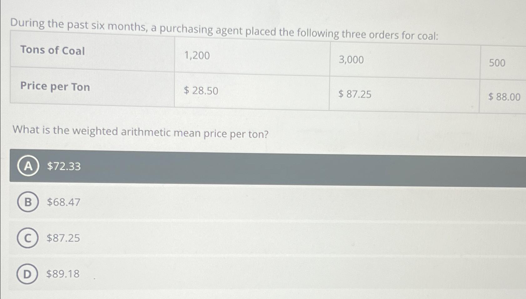  During the past six months, a purchasing agent placed the following