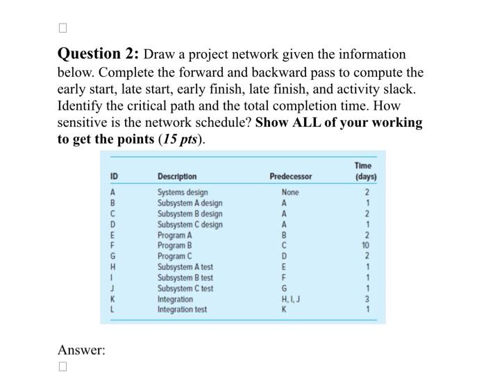  Question 2: Draw a project network given the information below. Complete
