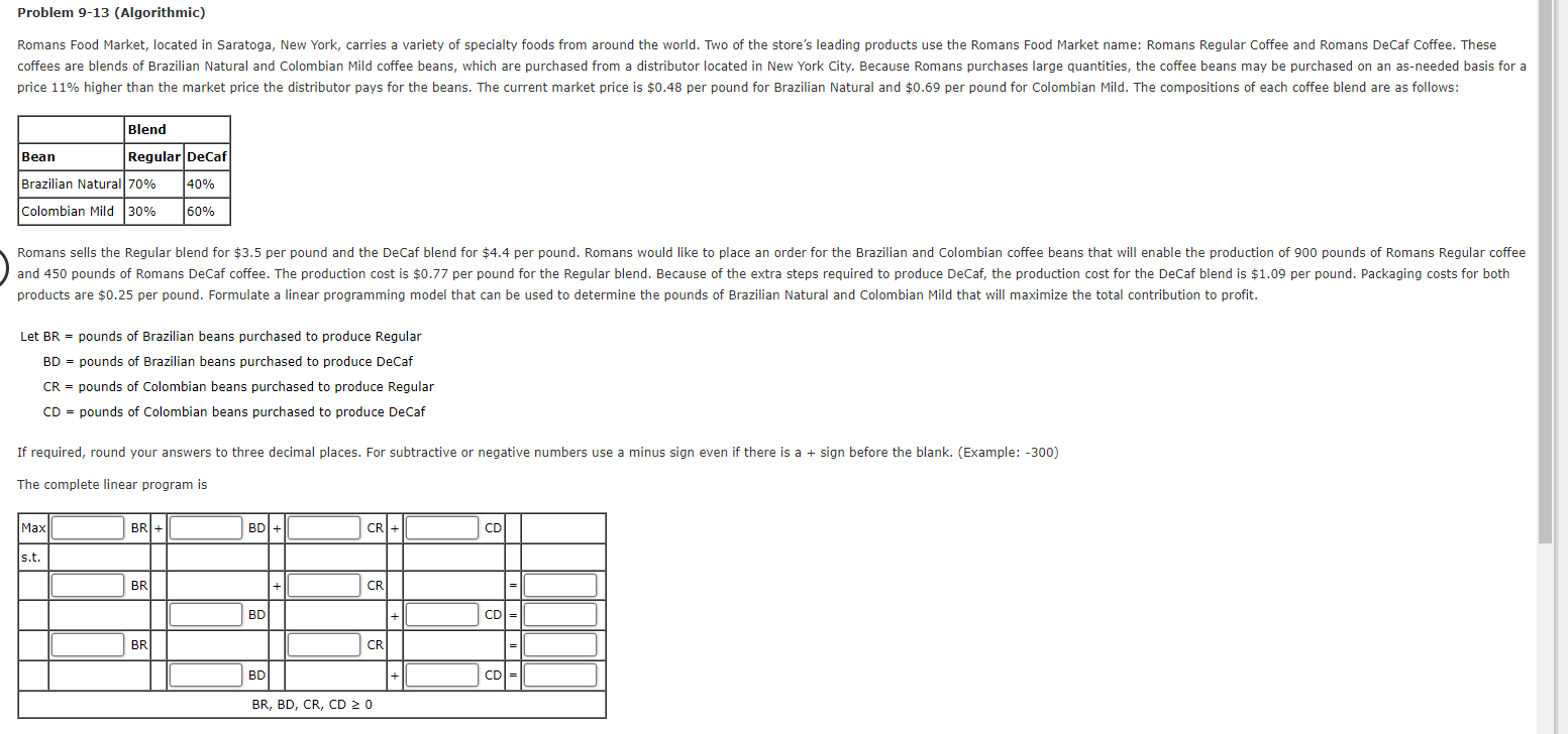 products are $0.25 per pound. Formulate a linear programming model that