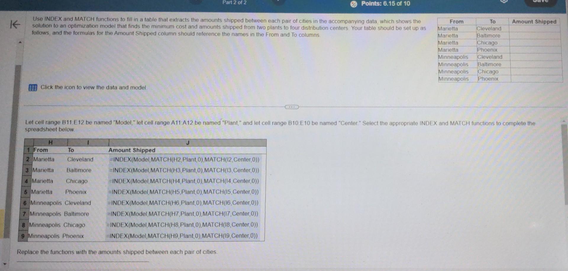 and MATCH functions to fill in a table that extracts the amounts