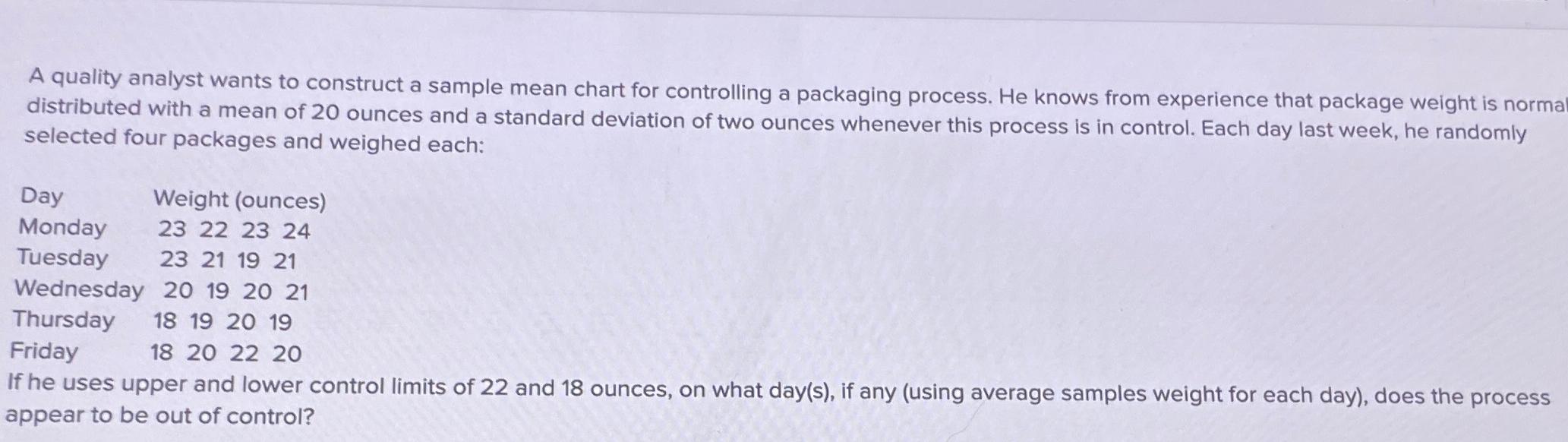  A quality analyst wants to construct a sample mean chart for