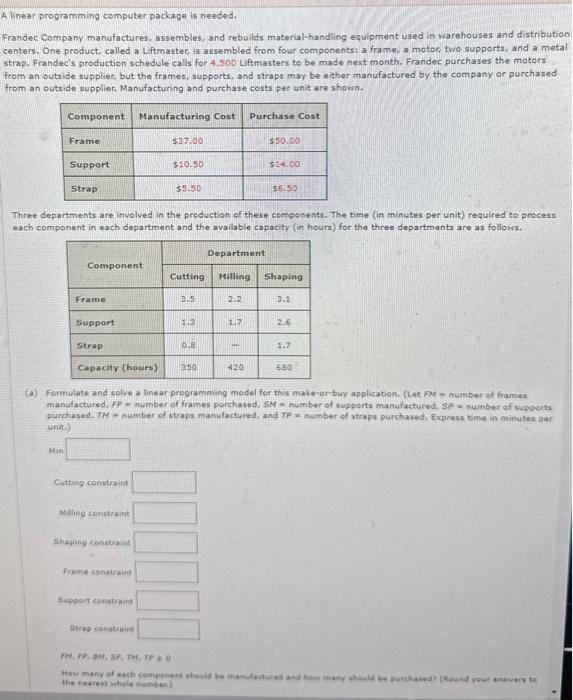  A linear programming computer package is needed. Frandec company manufactures, assembles,