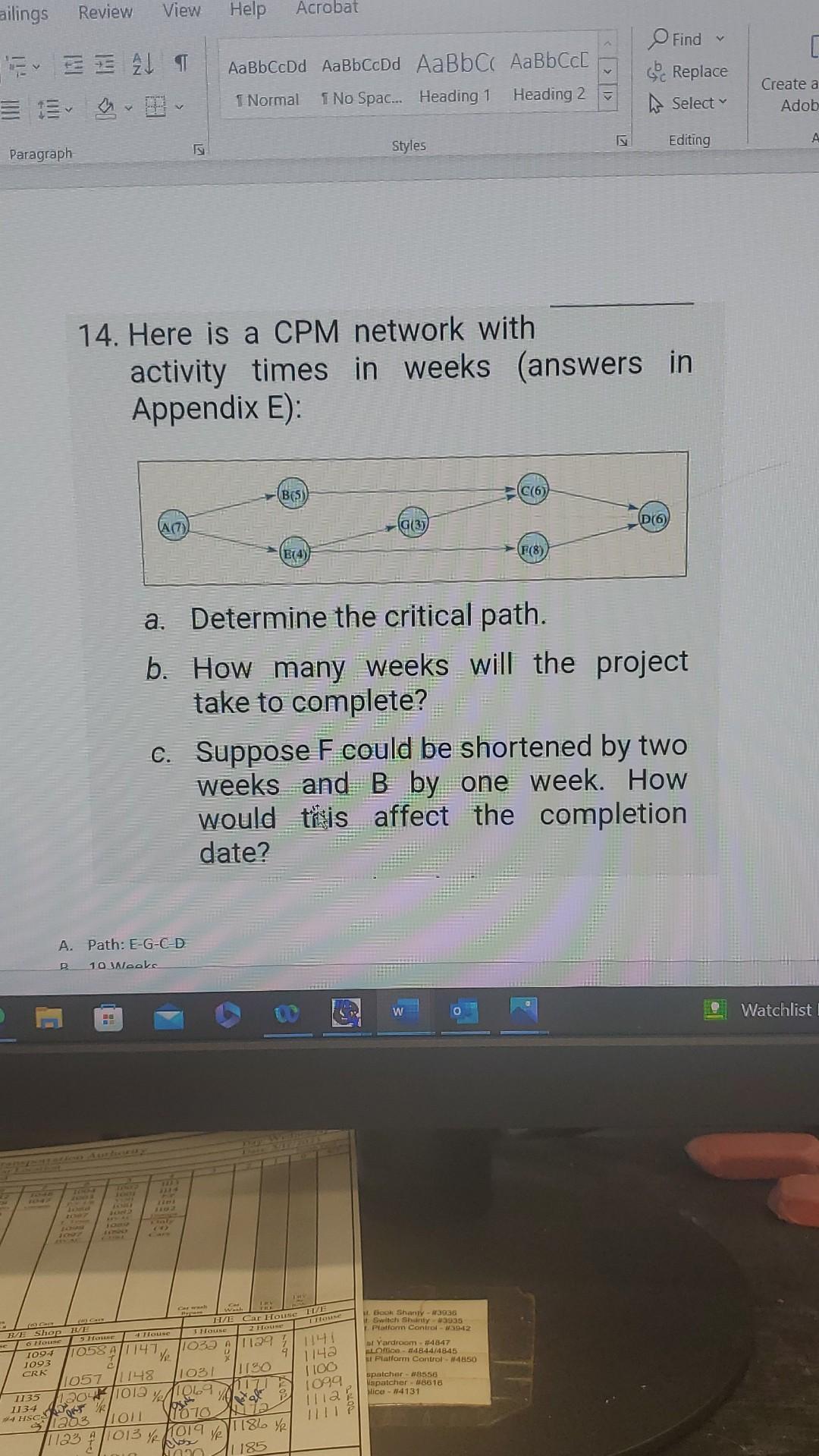 14. Here is a CPM network with activity times in weeks