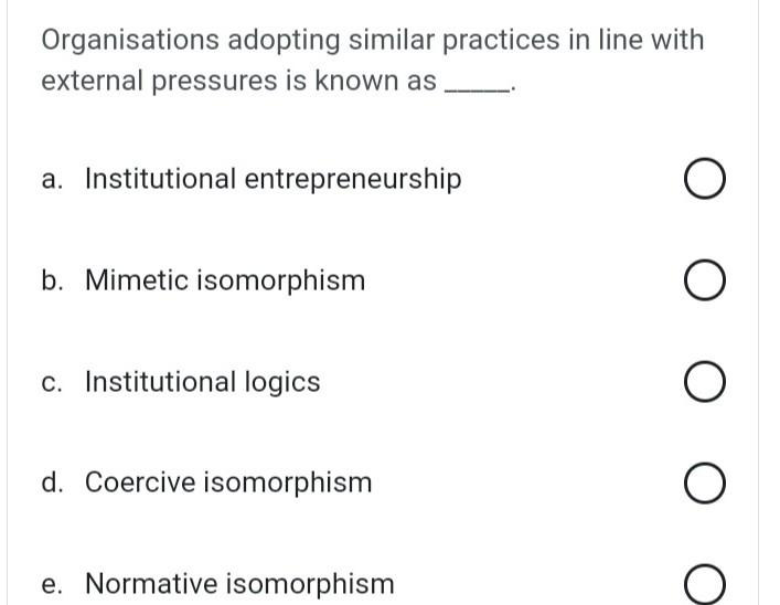 patterns it is known as a. Mimetic isomorphism b. Institutional entrepreneurship c.