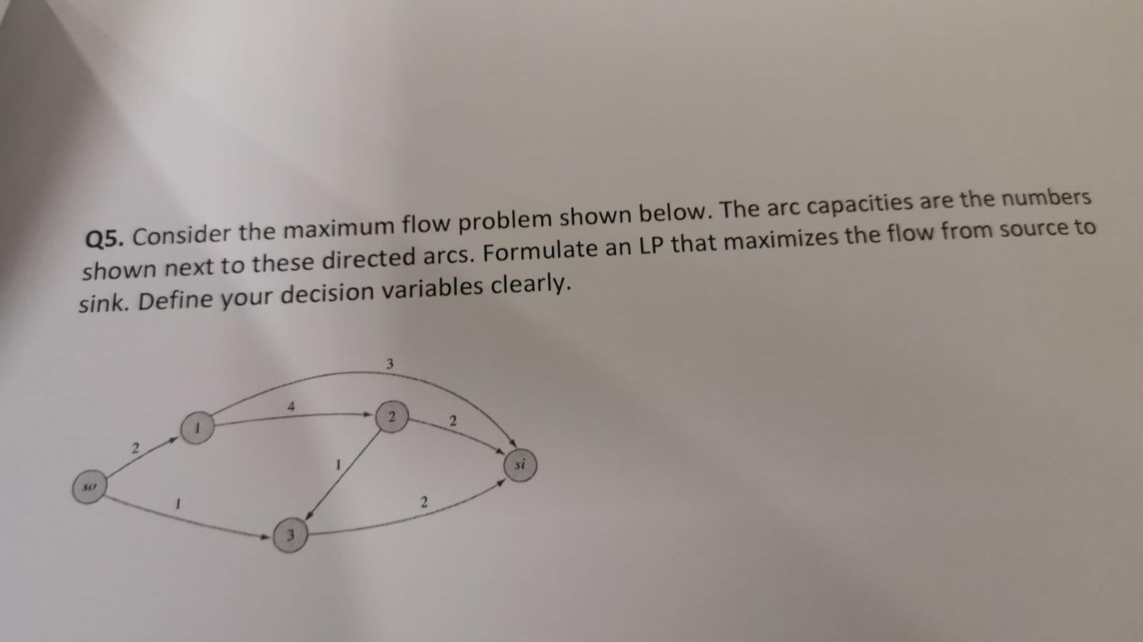  Q5. Consider the maximum flow problem shown below. The arc capacities